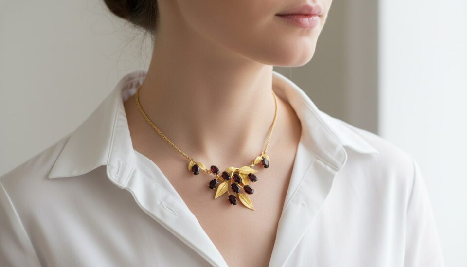 Van Dell Gold Filled Garnet Glass Cluster Necklace on model