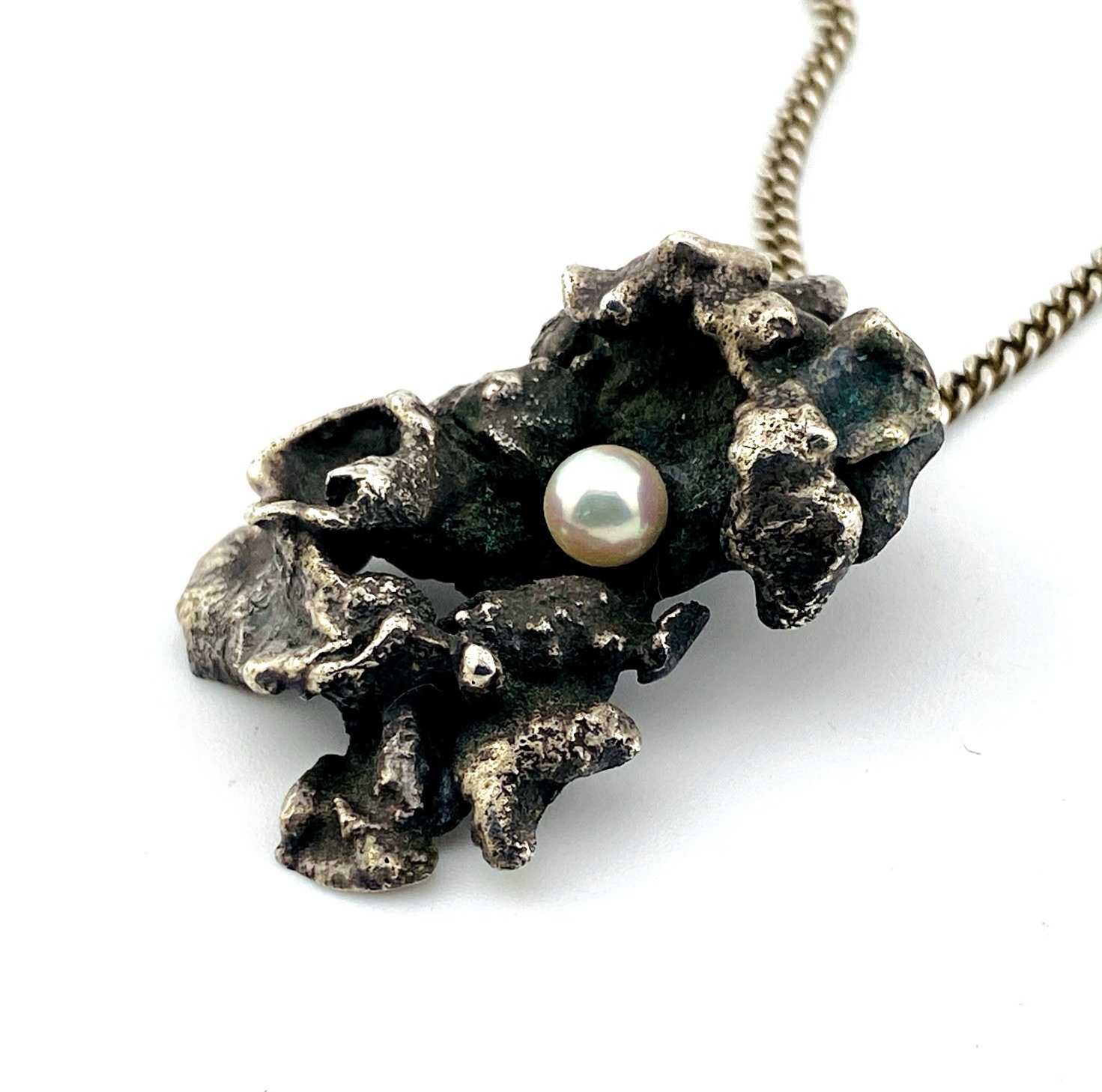 Vintage Brutalist Modernist Sterling Silver Pearl Pendant Necklace