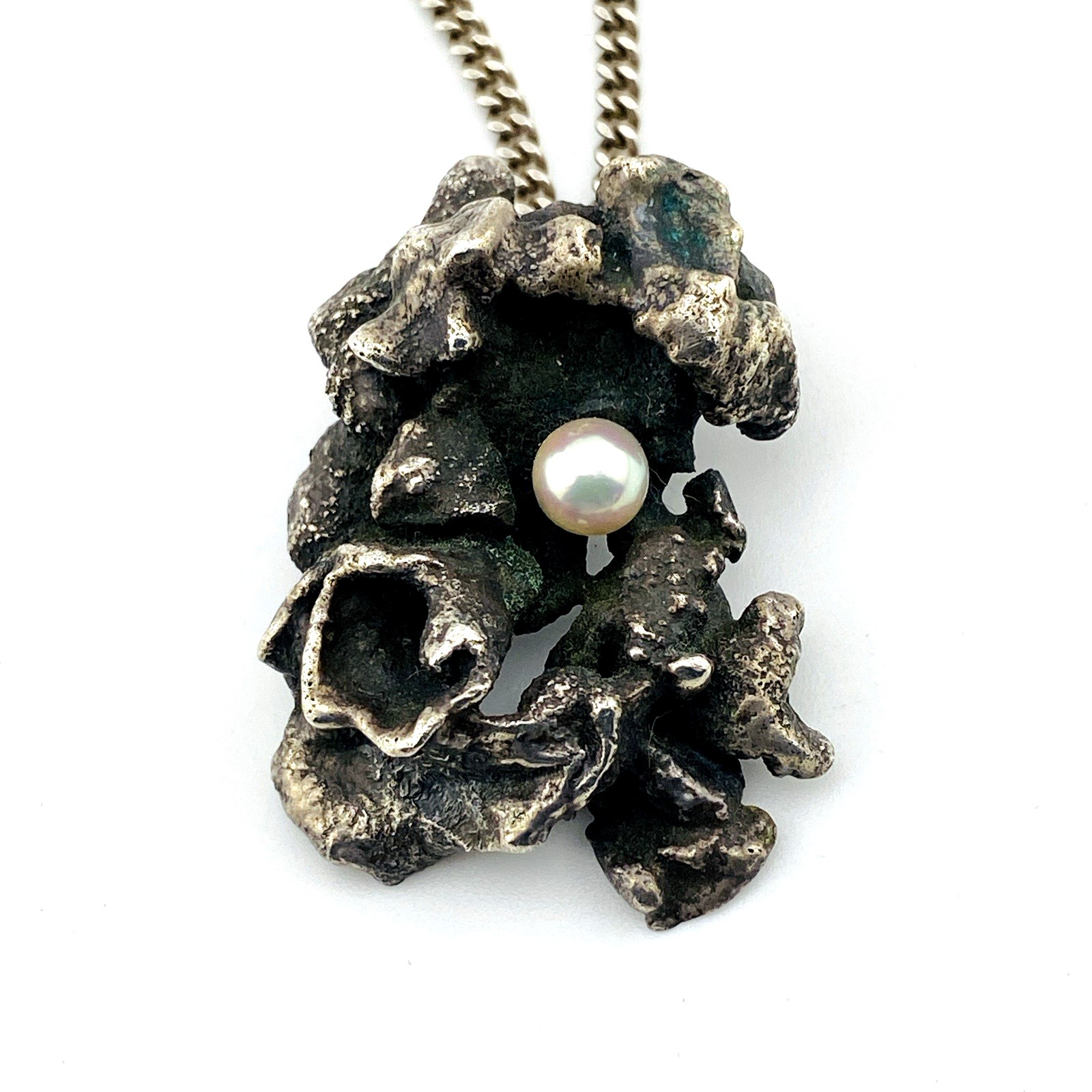 Vintage Brutalist Modernist Sterling Silver Pearl Pendant Necklace