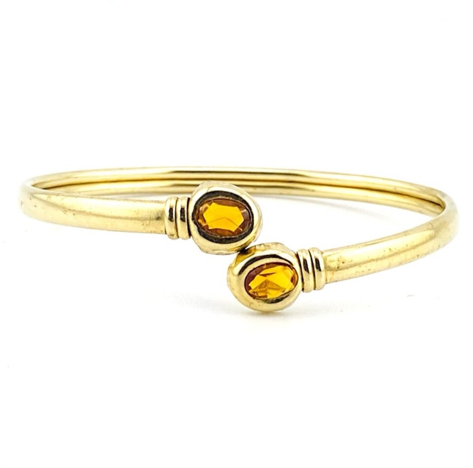 Vintage Gold Filled Citrine Glass Bypass Cuff Bracelet Size 6.5 Adjustable Fit