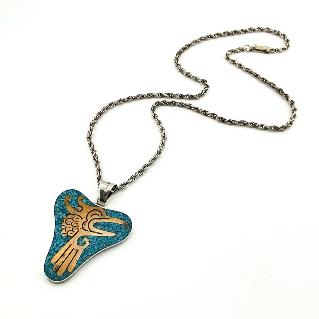 Vintage Mexican Metales Casados Sterling Silver Turquoise Pendant Necklace – Double Sided – 23 Inches