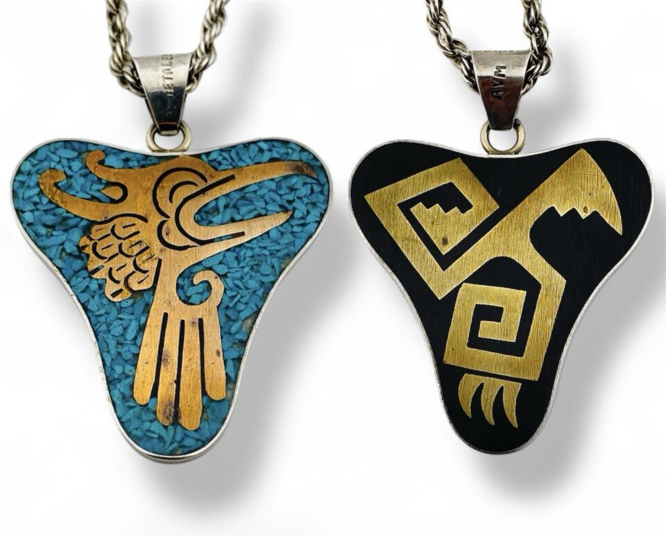 Vintage Mexican Metales Casados Sterling Silver Turquoise Pendant Necklace – Double Sided – 23 Inches