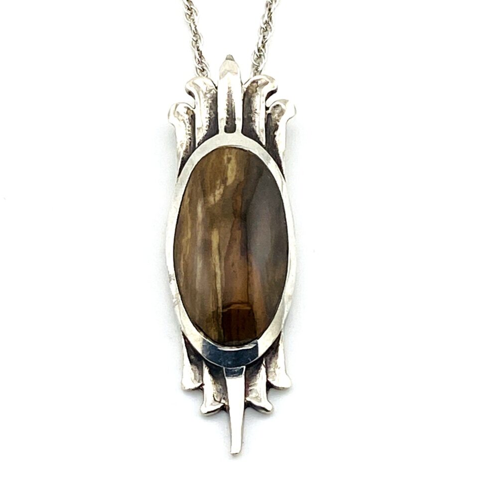 Vintage Modernist Sterling Silver Jasper Pendant Necklace 17.5” Artisan Made