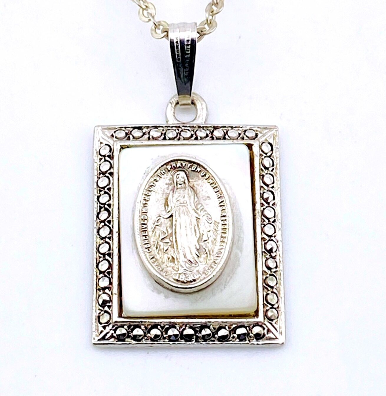 Vintage Mother of Pearl Marcasite Our Lady Pendant Necklace