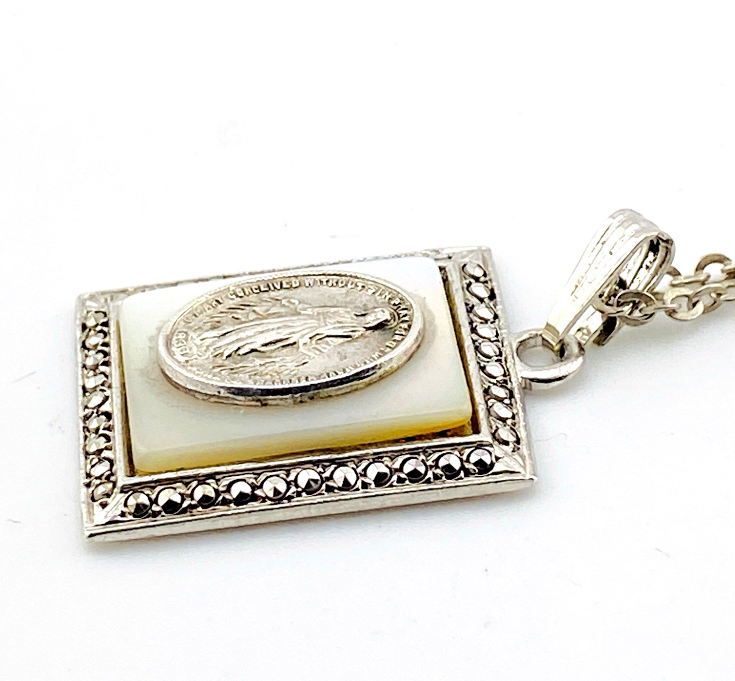 Vintage Mother of Pearl Marcasite Our Lady Pendant Necklace