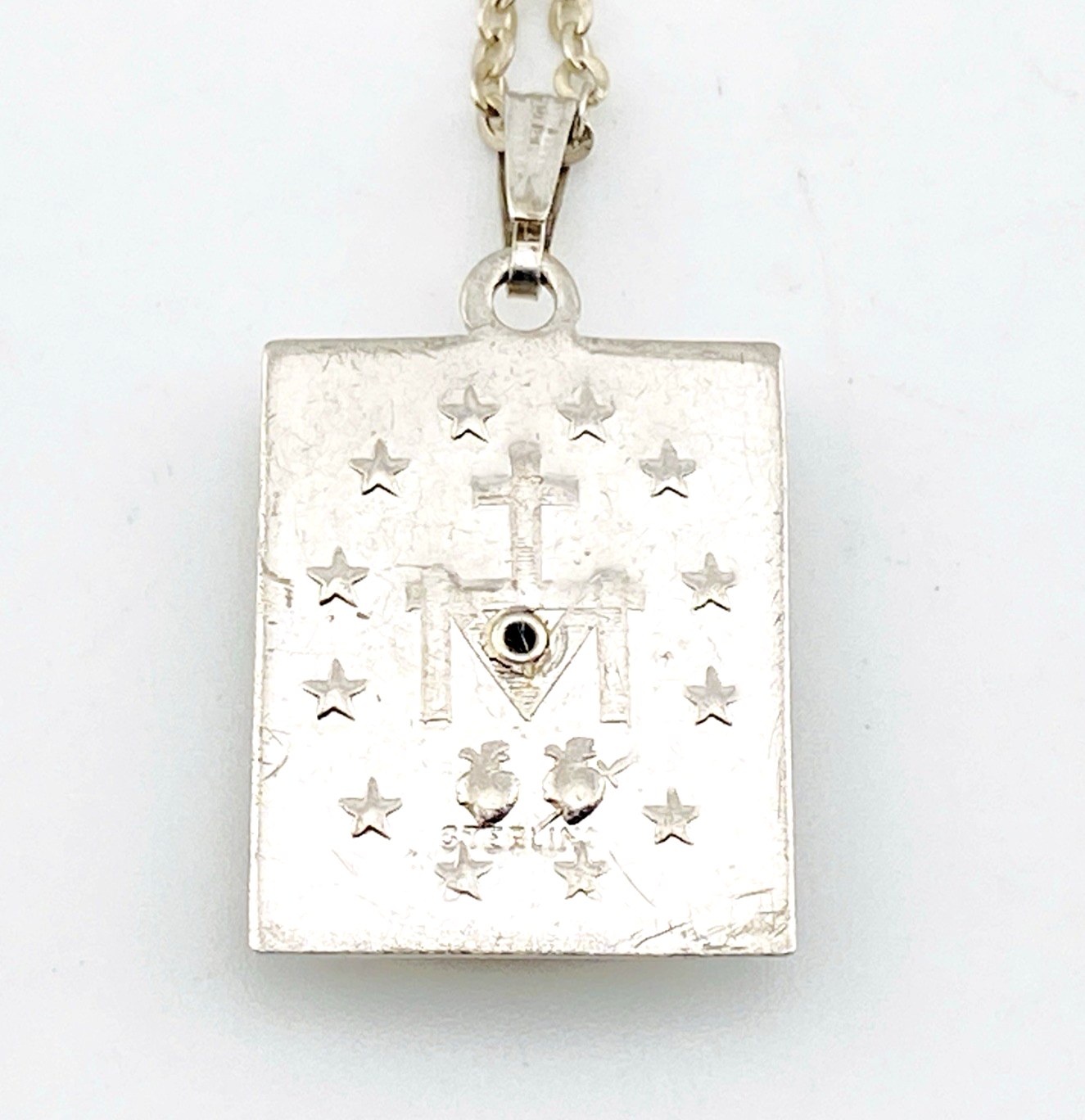 Vintage Mother of Pearl Marcasite Our Lady Pendant Necklace