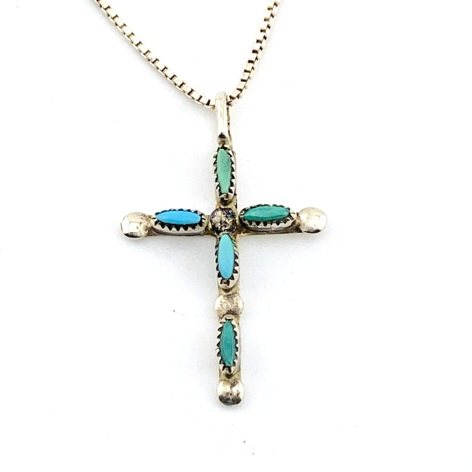 Vintage Zuni Sterling Silver Turquoise Cross Pendant Necklace 18