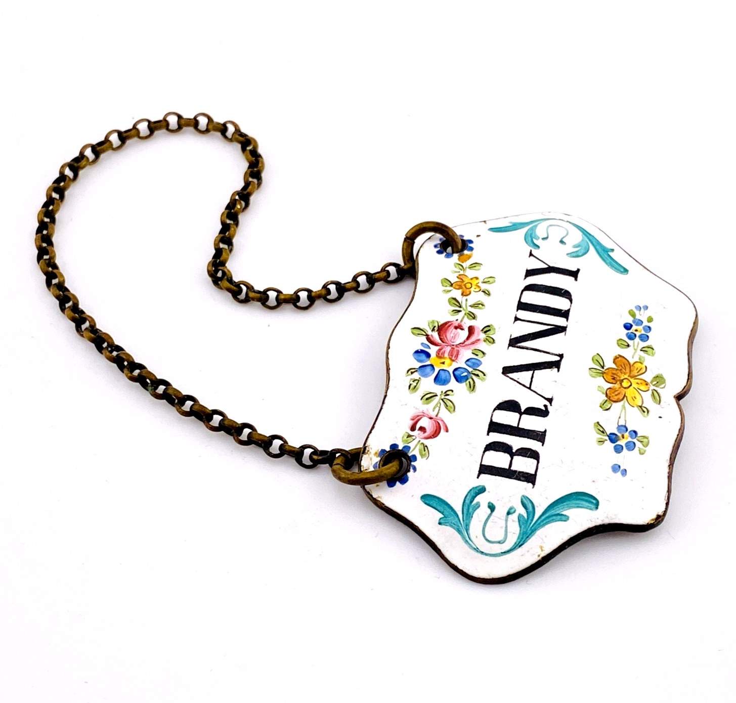 Antique Champlevé Enamel Brandy Liquor Tag