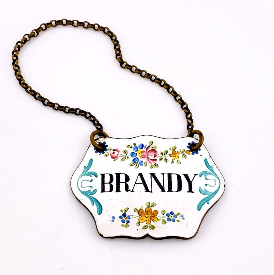 Antique Champlevé Enamel Brandy Liquor Tag – Floral Motif