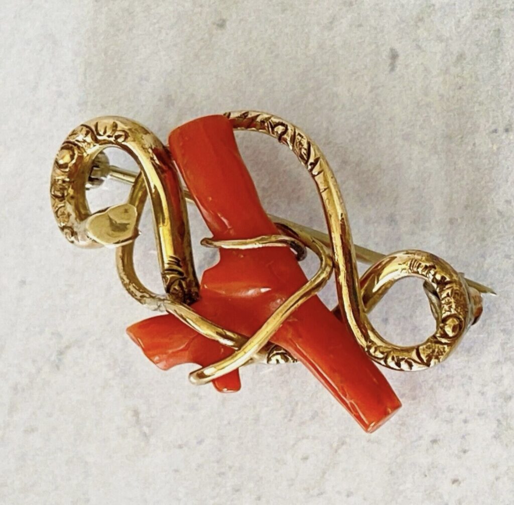 Victorian Gold Filled Snake Brooch with Coral Branch