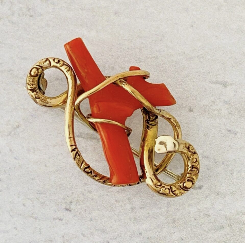 Victorian Gold Filled Snake Brooch with Coral Branch