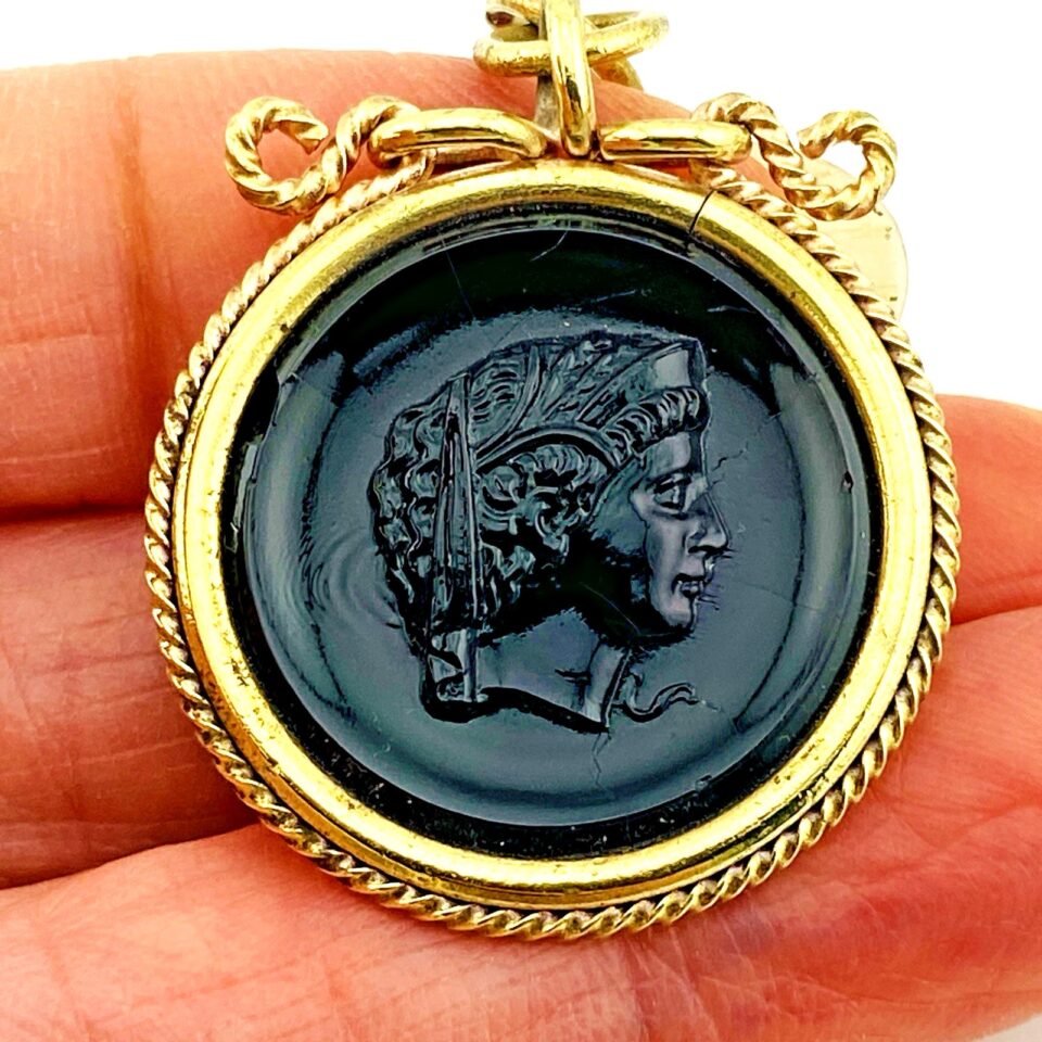 Antique Black Pressed Glass Cameo Fob Pendant – French Jet – Gold Filled