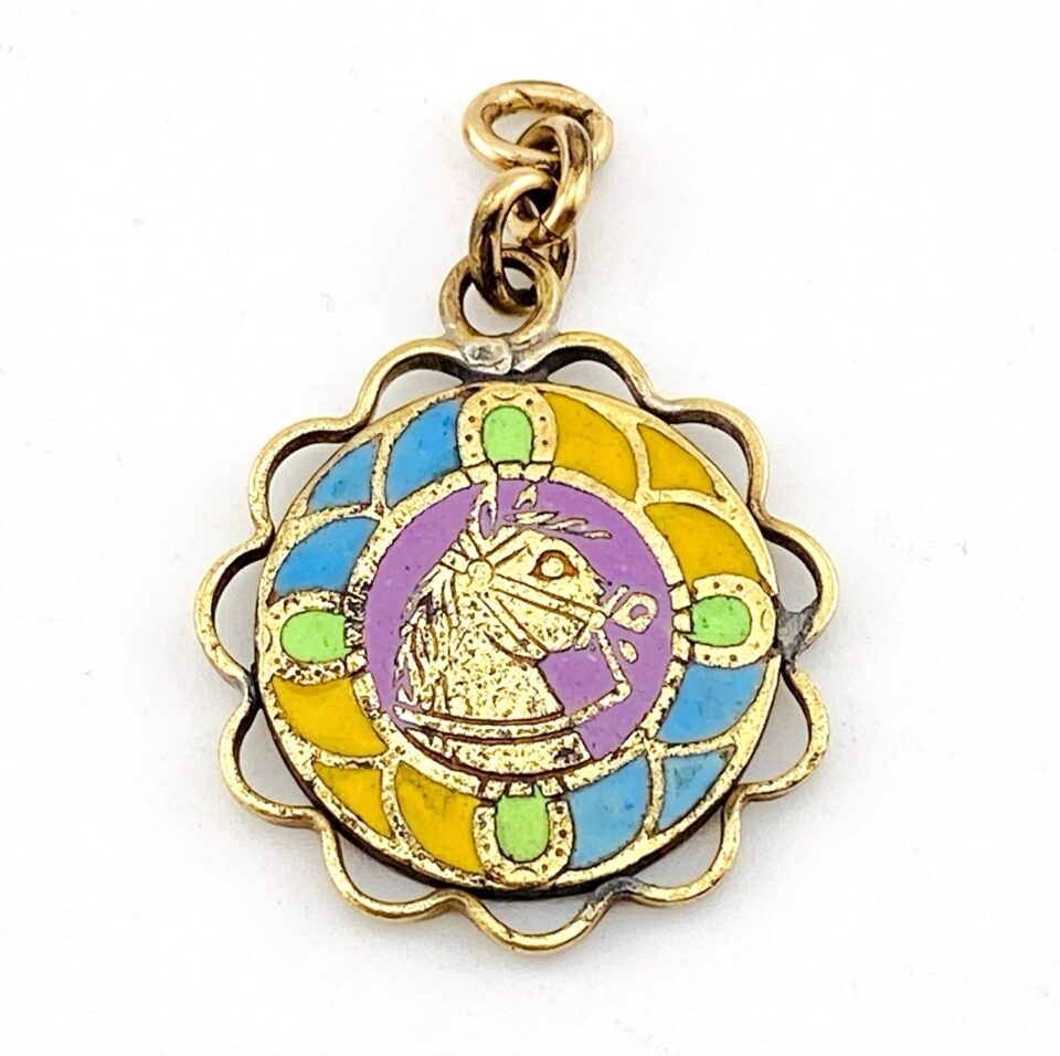 Antique Enameled Equestrian Watch Fob Pendant – Horse and Horseshoe – Champlevé Enamel