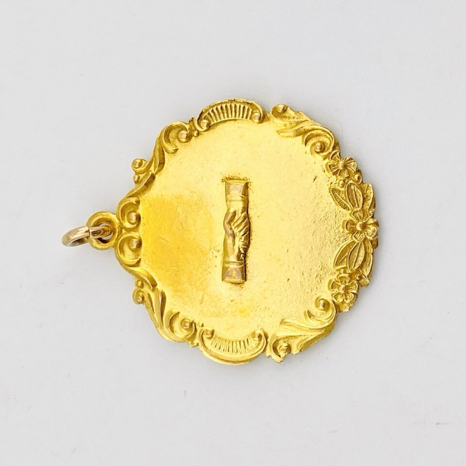 Antique Gold Filled Friendship Medal Watch Fob Pendant – Brotherhood Handshake – 1920s