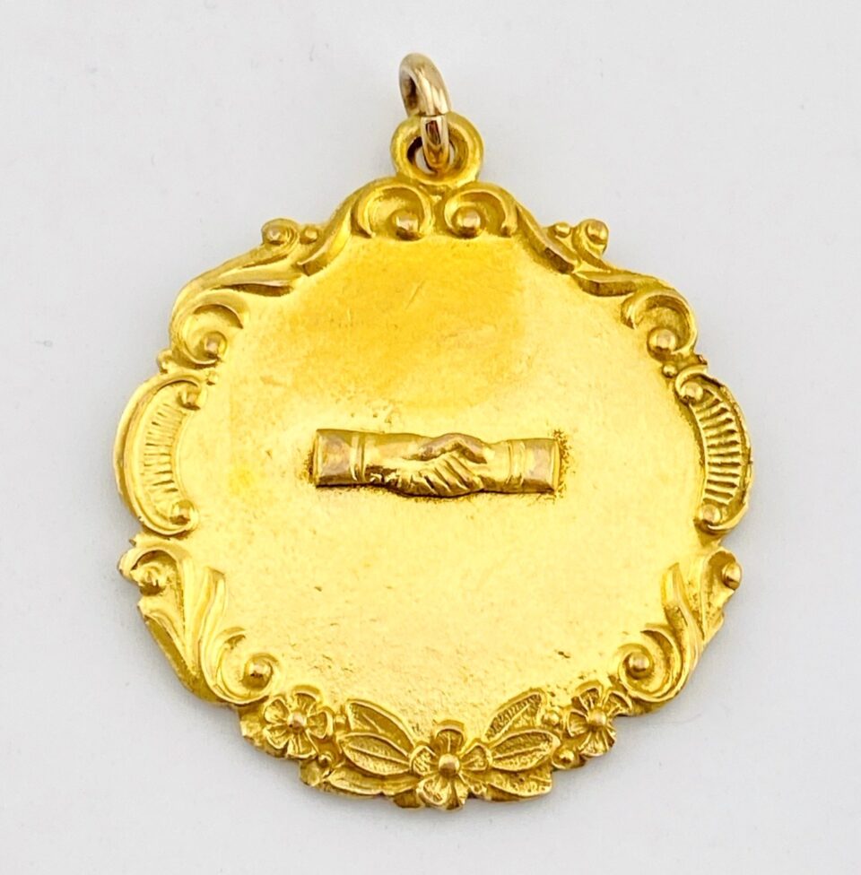 Antique Gold Filled Friendship Medal Watch Fob Pendant – Brotherhood Handshake – 1920s