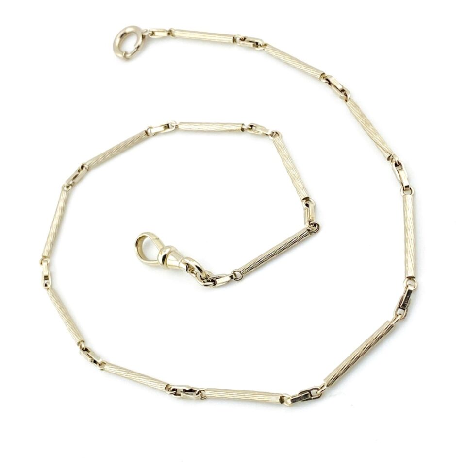 Antique Simmons White Gold Filled Bar Link Pocket Watch Chain – Tree Bark Texture – 14 Inches