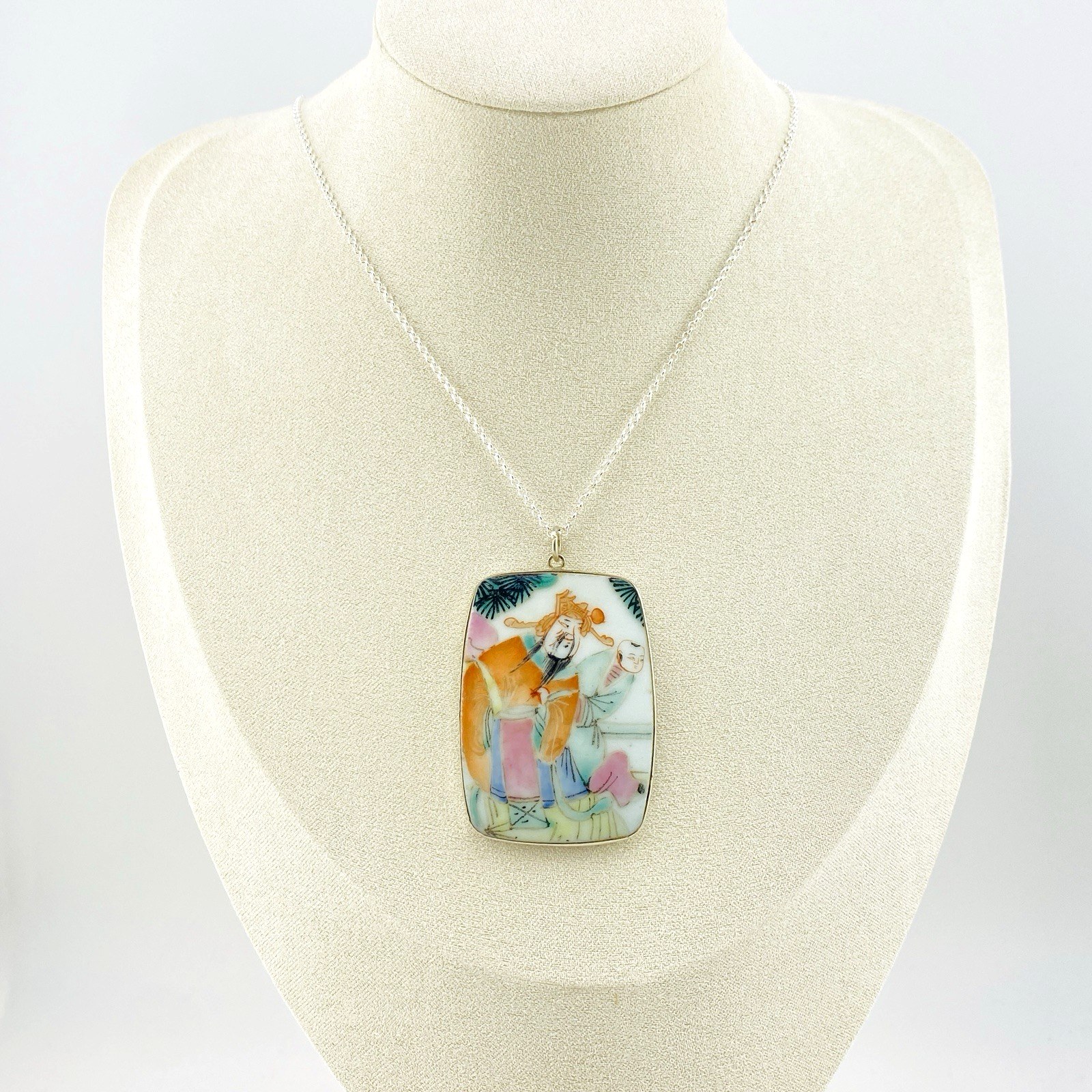 Authentic Chinese Antique Porcelain Shard Pendant in Sterling Silver