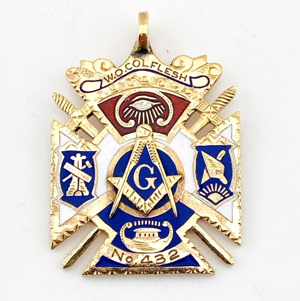 Fabulous Antique Masonic Watch Fob Heavy Gold Fill Enameled and Engraved No 432