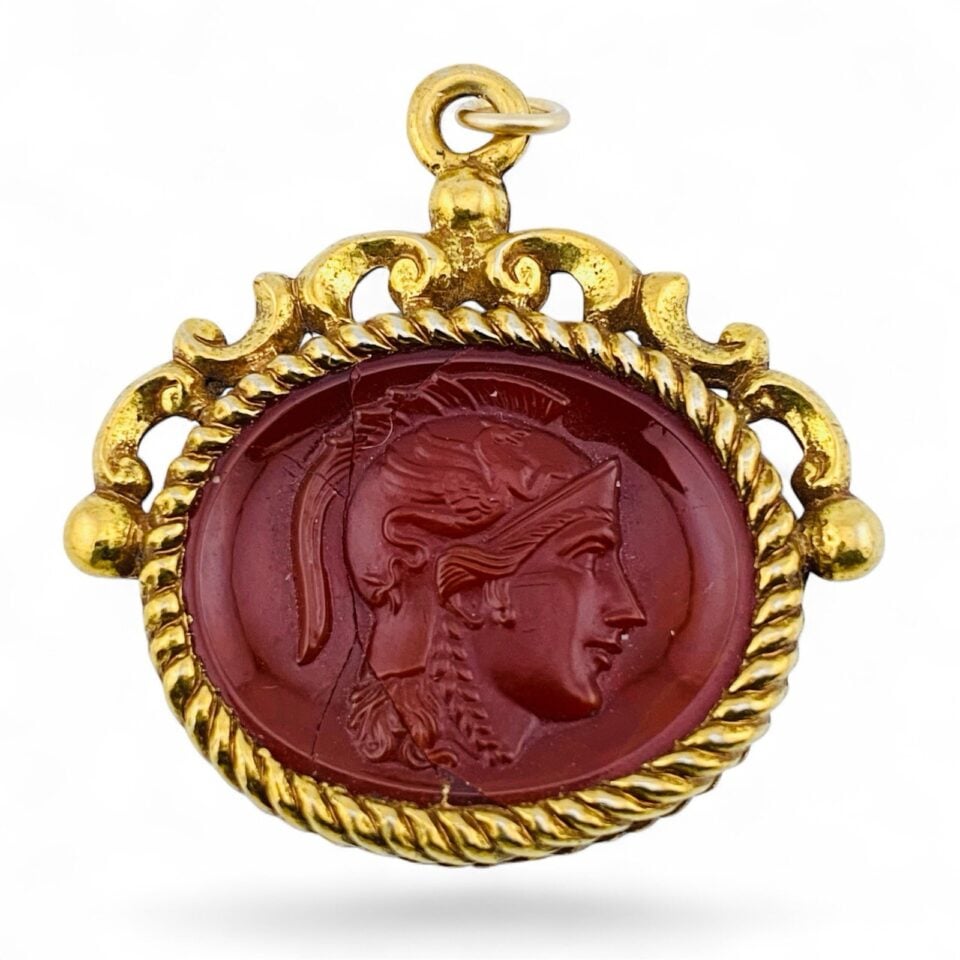 Vintage Pressed Glass Cameo Fob Pendant – Greco-Roman Centurion – Gold Tone