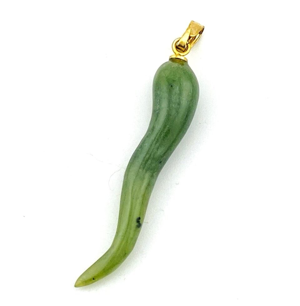 Vintage Italian Cornicello Pepper Amulet Charm in Gold Filled & Nephrite Jade