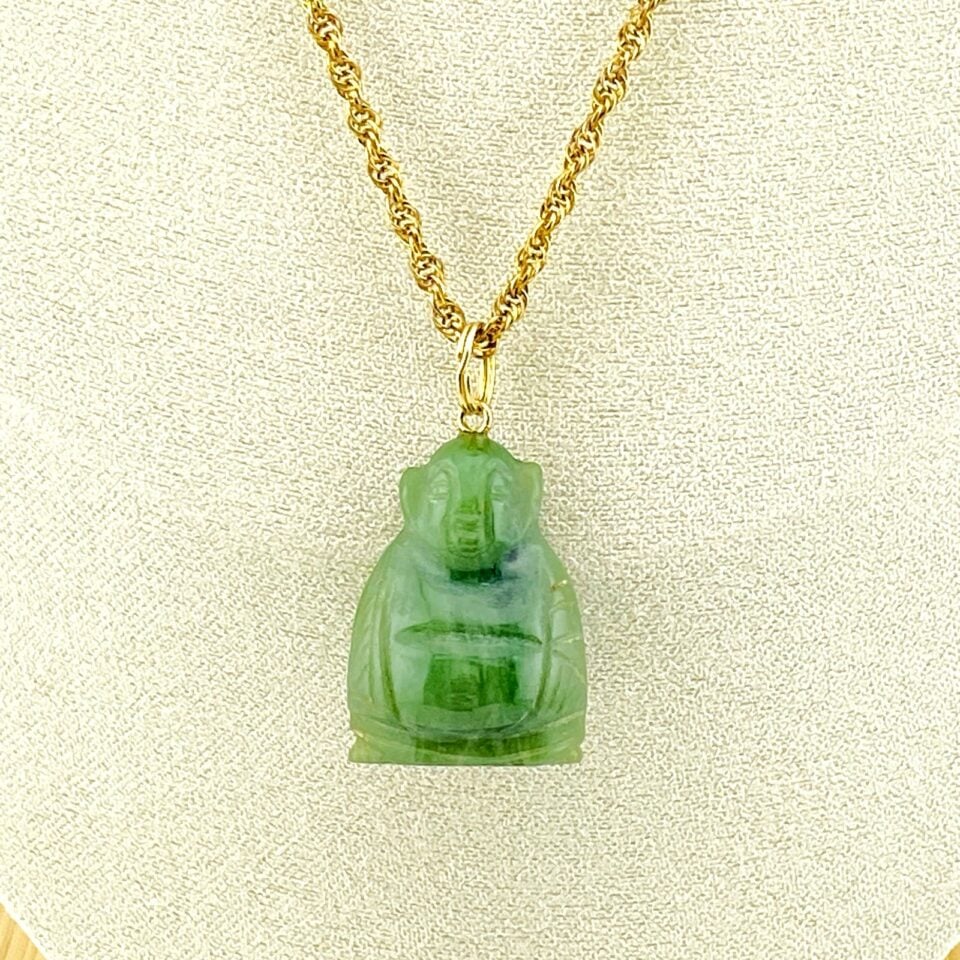 Vintage Nephrite Jade Buddha Pendant Necklace with Gold Filled Chain