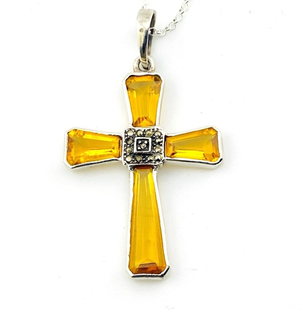 Vintage Citrine Marcasite Sterling Silver Cross Pendant Necklace 18 In Chain