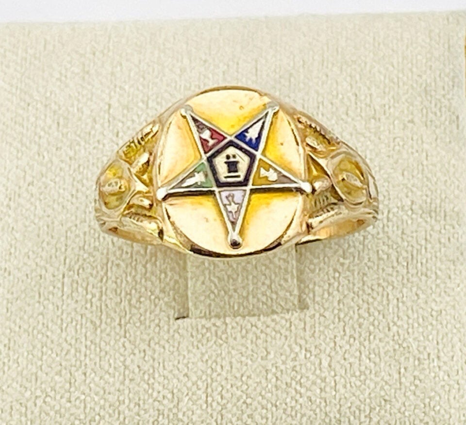 Vintage Eastern Star Masonic Signet Ring in 14k Gold Filled with Enamel