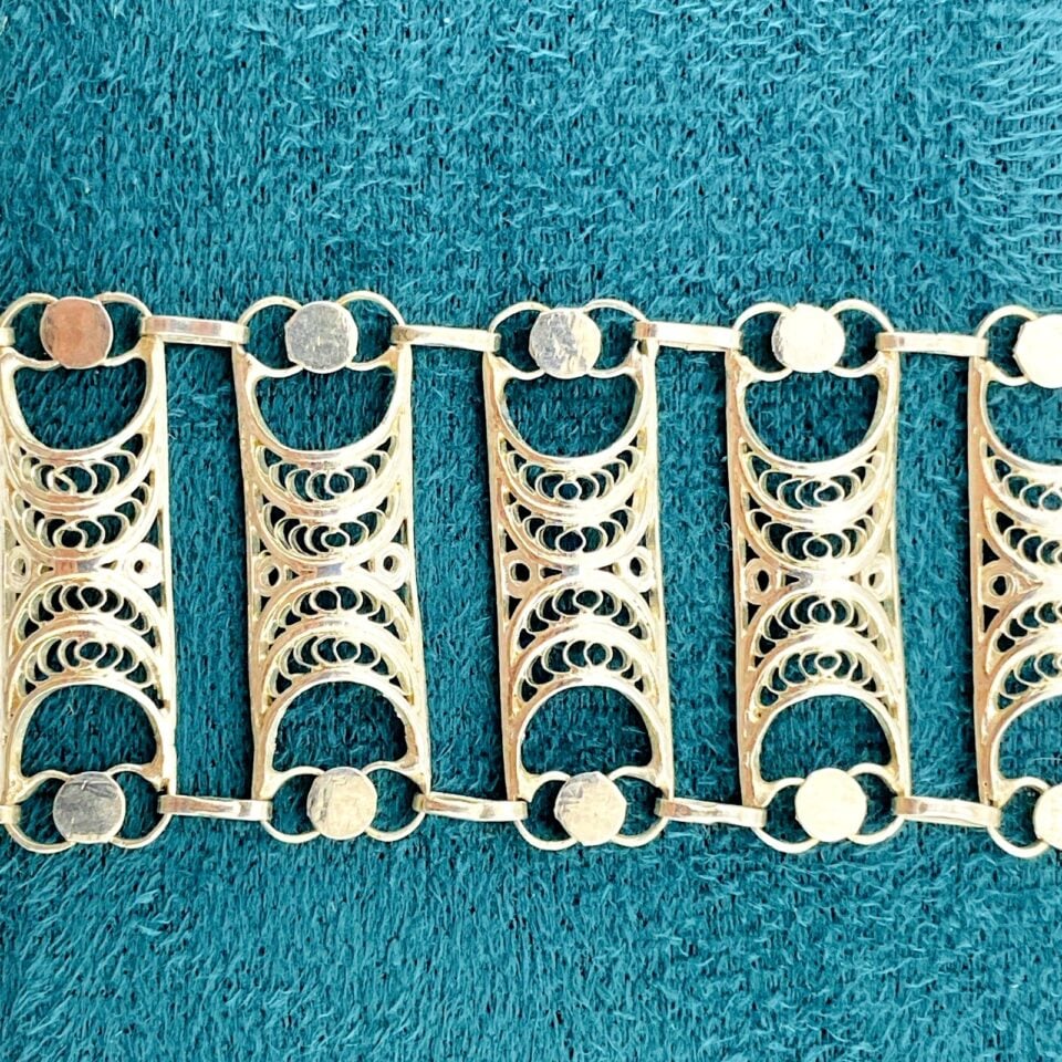 Vintage Wide Filigree Link Silver Bracelet – Artisan Made – 7.25 Inches