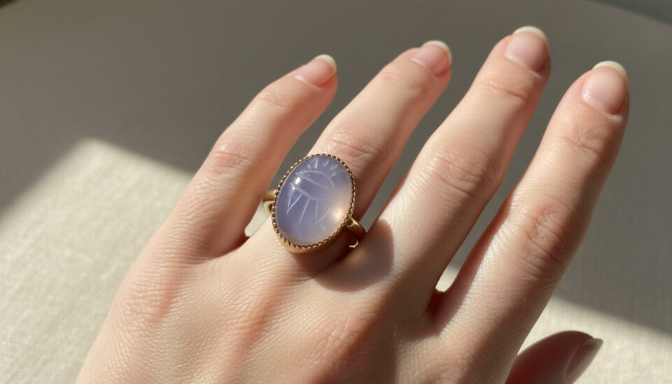 Vintage Chalcedony Scarab Ring ion woman's hand.