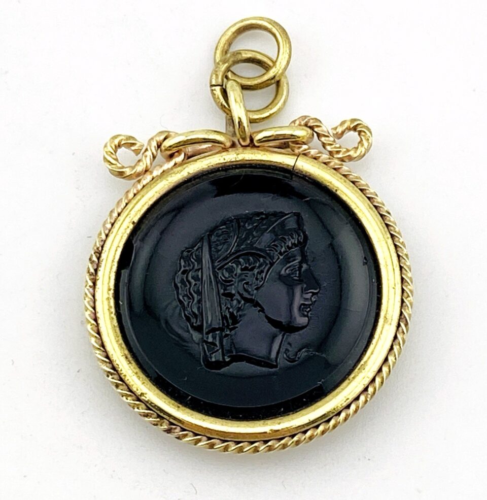 Antique Black Pressed Glass Cameo Fob Pendant
