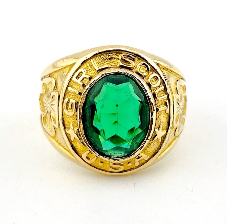 Vintage Girl Scout 10k Gold Filled Signet Ring – Emerald Green Crystal – Clark & Coombs – Size 4.75