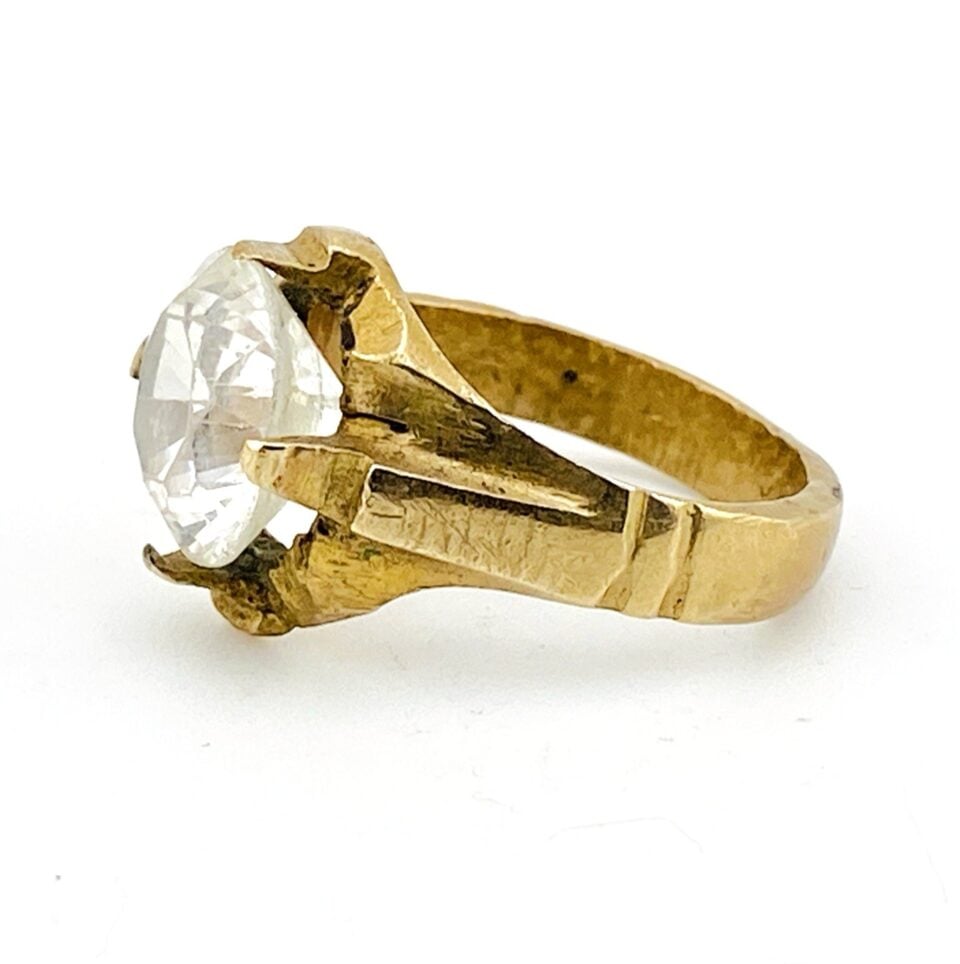 Vintage Artisan Brass Statement Ring with Faceted Glass Stone – Size 5.5 – 1950s