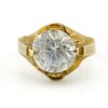 Vintage Artisan Brass Statement Ring with Faceted Glass Stone – Size 5.5 – 1950s