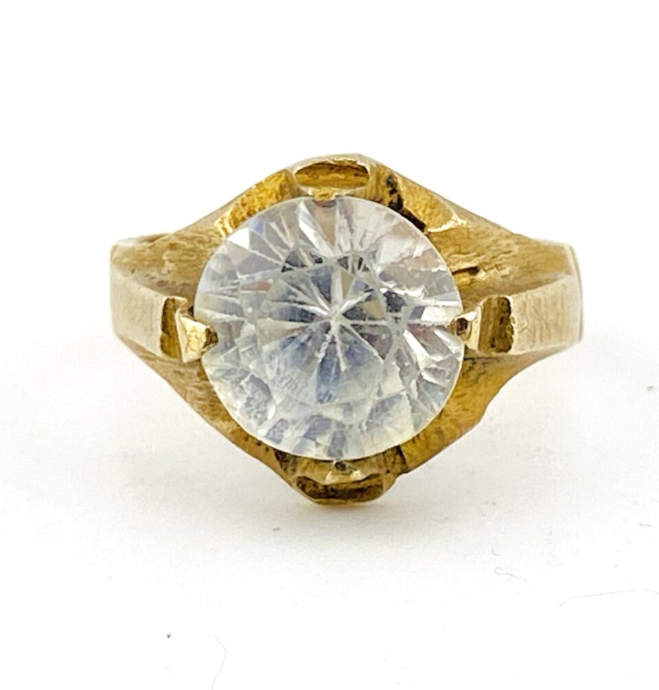 Vintage Artisan Brass Statement Ring with Faceted Glass Stone – Size 5.5 – 1950s