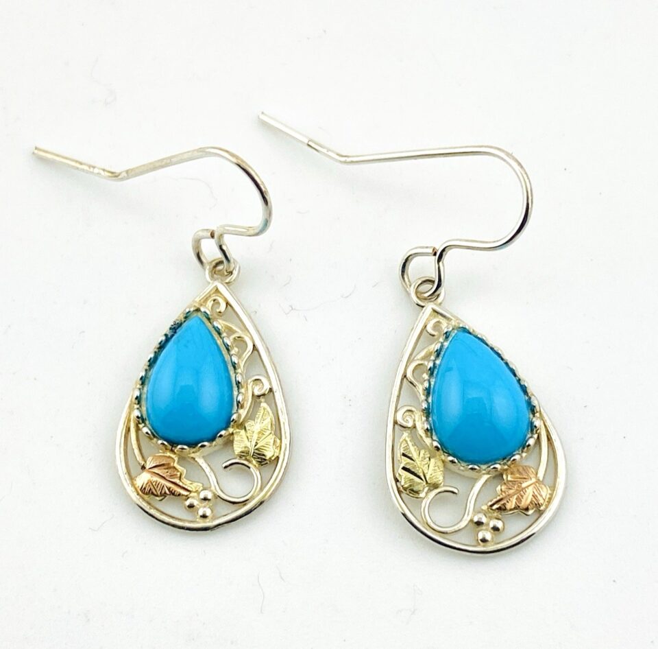 Vintage Black Hills Gold Drop Earrings in Sterling Silver with Turquoise