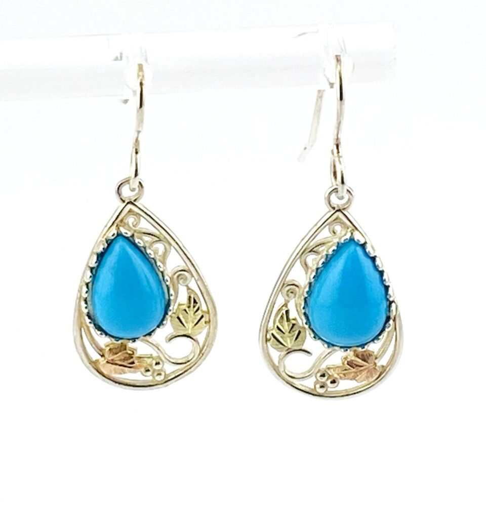 Vintage Black Hills Gold Drop Earrings in Sterling Silver with Turquoise