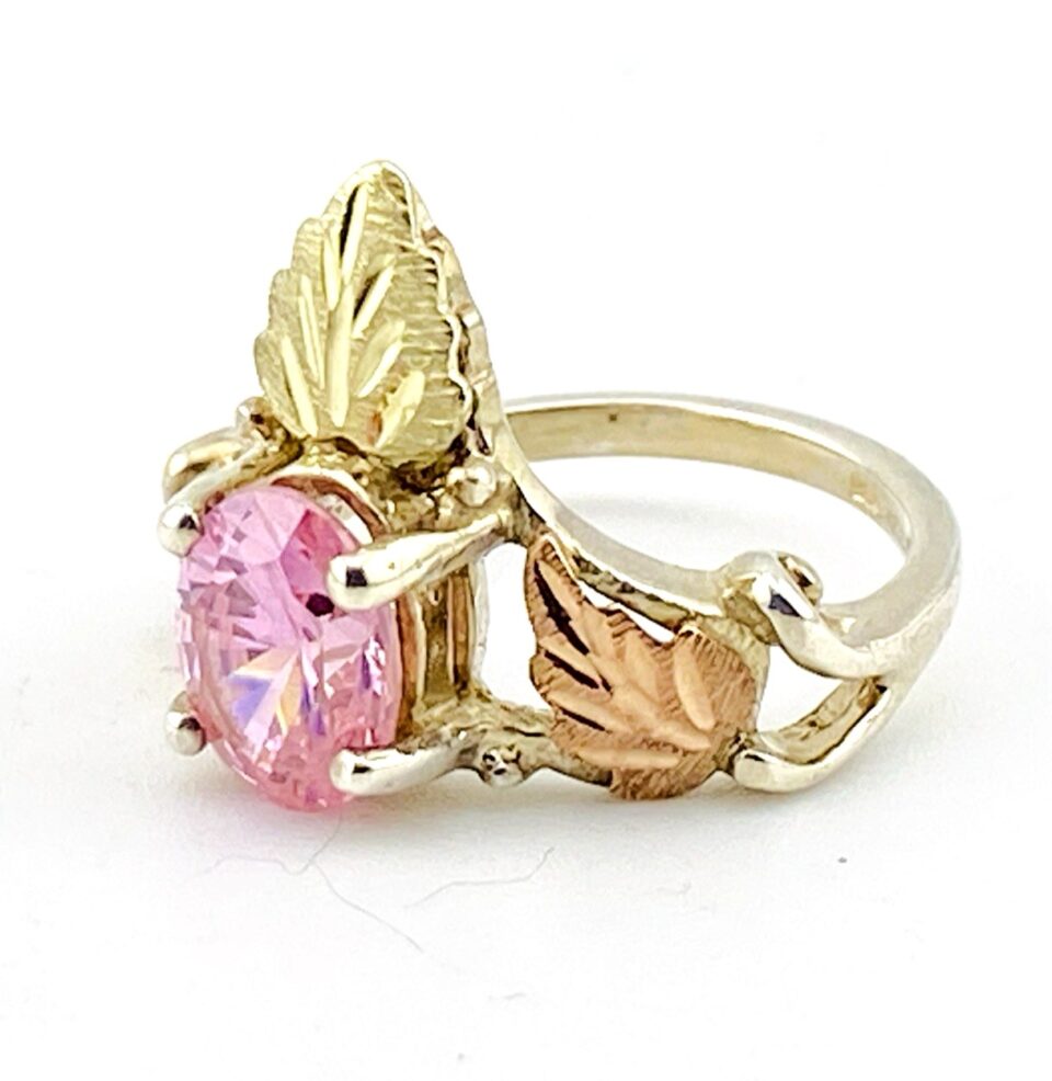 Vintage Black Hills Gold Ring with Pink CZ – Sterling Silver & 12k Leaves – Size 5