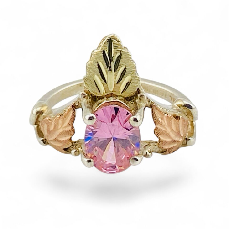 Vintage Black Hills Gold Ring with Pink CZ – Sterling Silver & 12k Leaves – Size 5