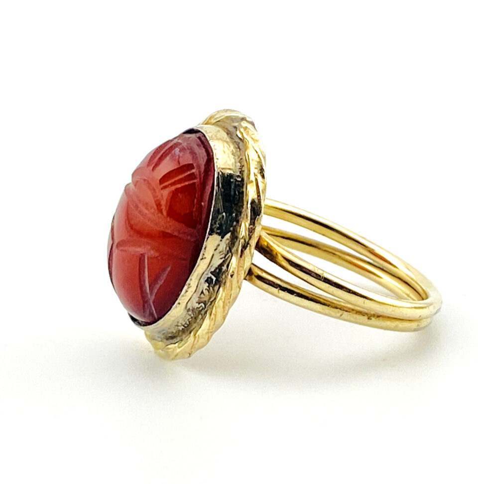 Vintage Carnelian Scarab Yellow Gold Filled Ring – side view