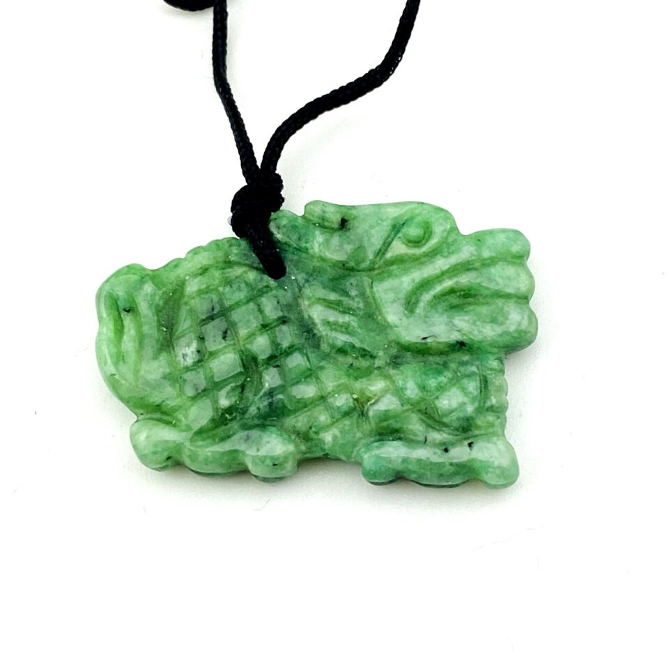 Vintage Carved Spinach Jade Fu Dog Pendant Necklace on Silk Cord in Original Box