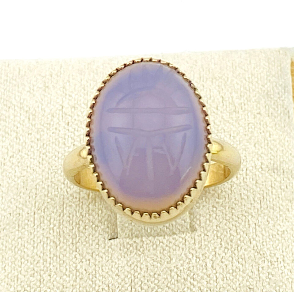 Vintage Chalcedony Scarab Ring in Gold Filled Setting – Adjustable Size 6