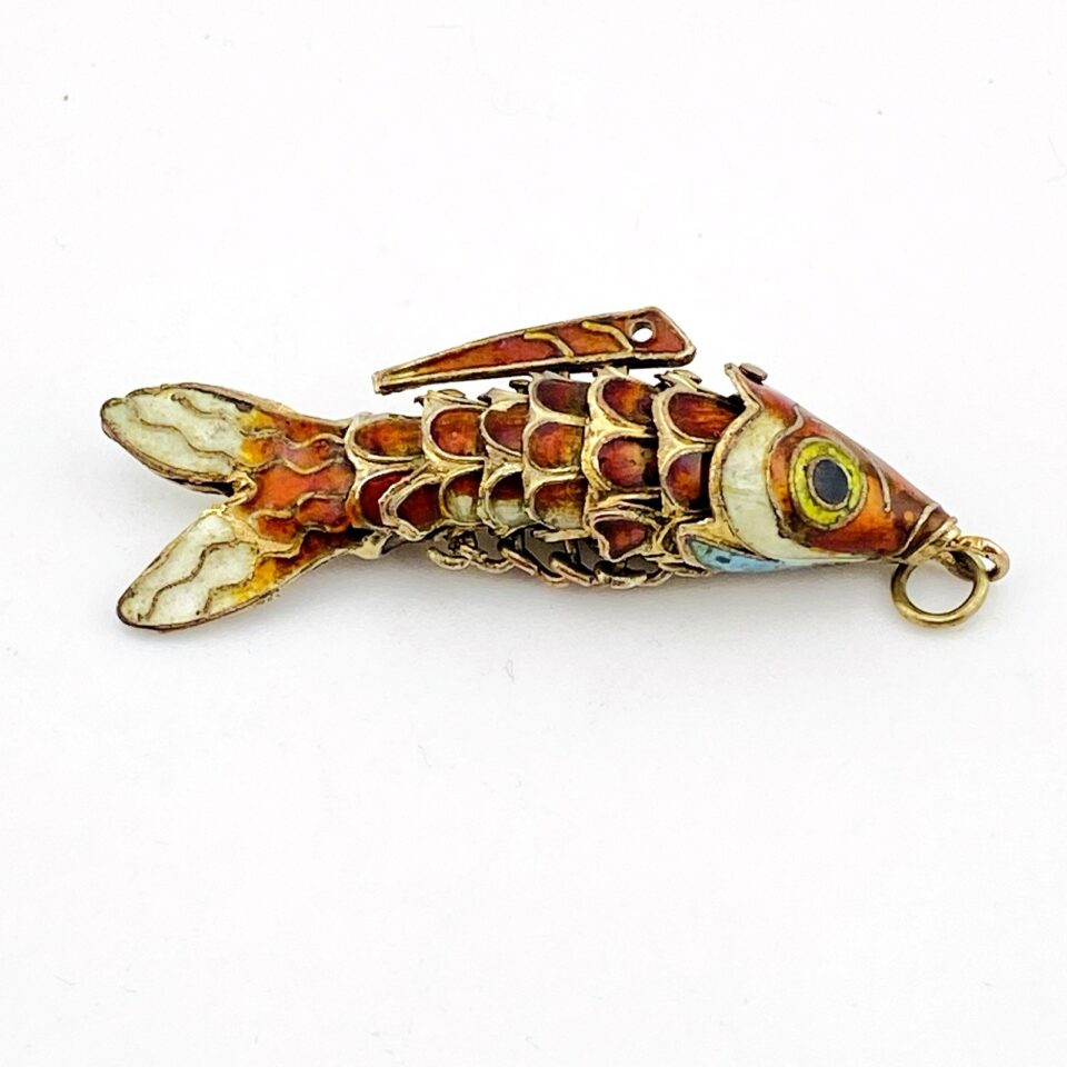 Vintage Enameled Fish Pendant – Gold Over Sterling Silver – Articulated “Wiggly” Design