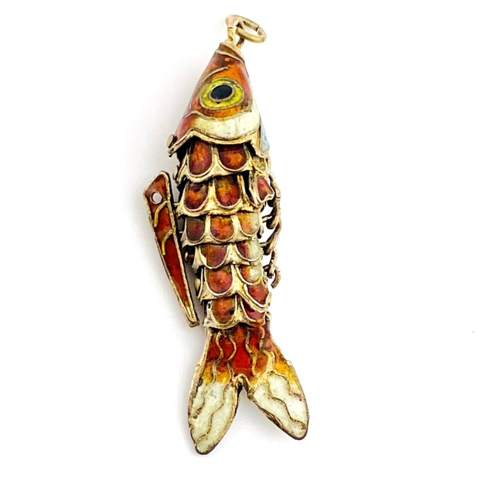 Vintage Enameled Fish Pendant – Gold Over Sterling Silver – Articulated “Wiggly” Design