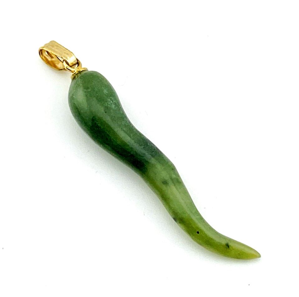 Vintage Italian Cornicello Pepper Amulet Charm in Gold Filled & Nephrite Jade