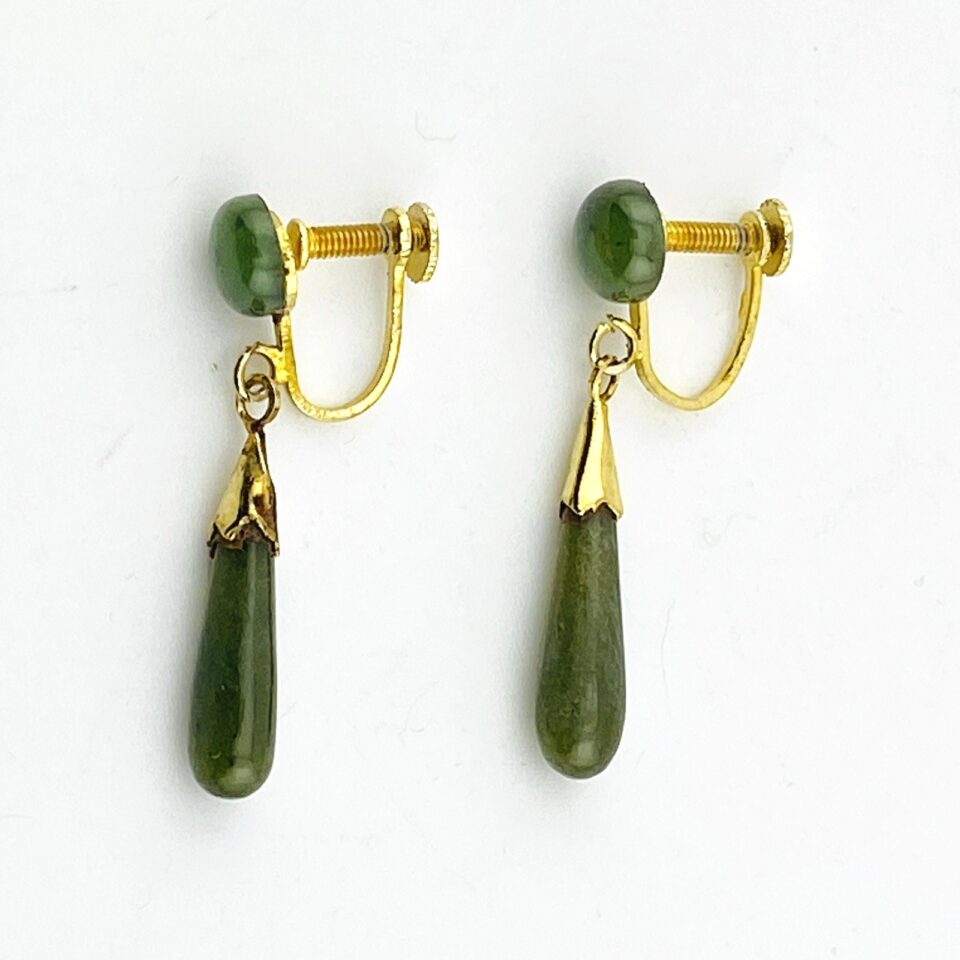 Vintage Nephrite Jade Drop Earrings in Gold Filled with Screw Backs