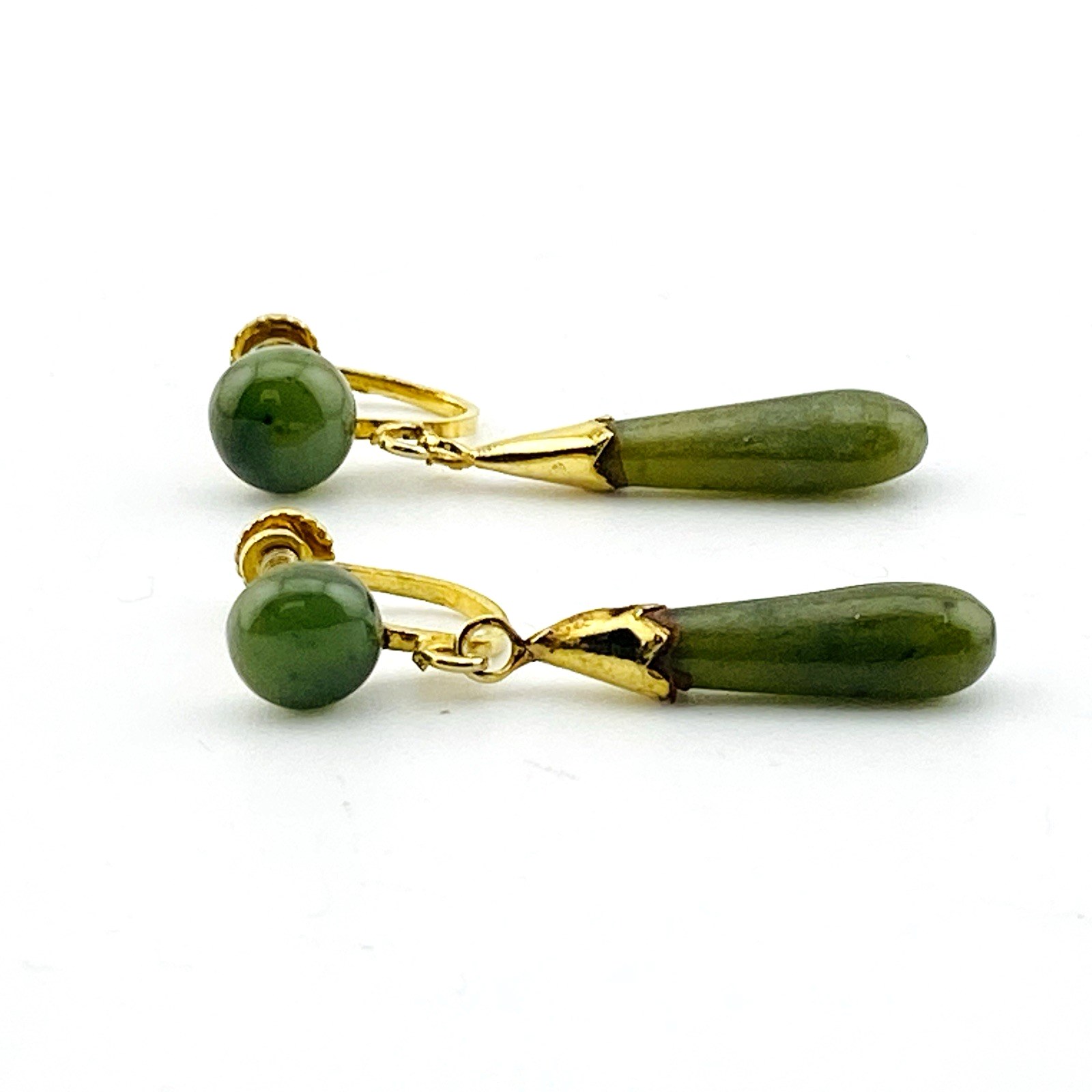 Vintage Nephrite Jade Drop Earrings in Gold Filled with Screw Backs