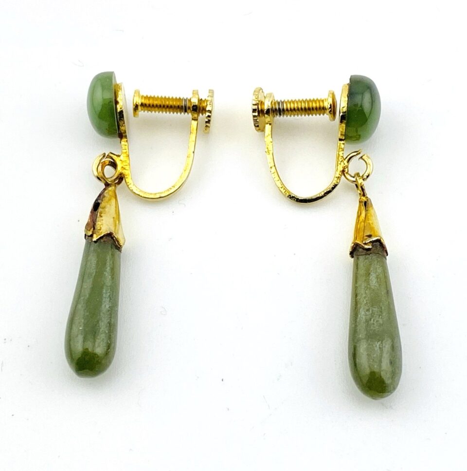 Vintage Nephrite Jade Drop Earrings in Gold Filled with Screw Backs
