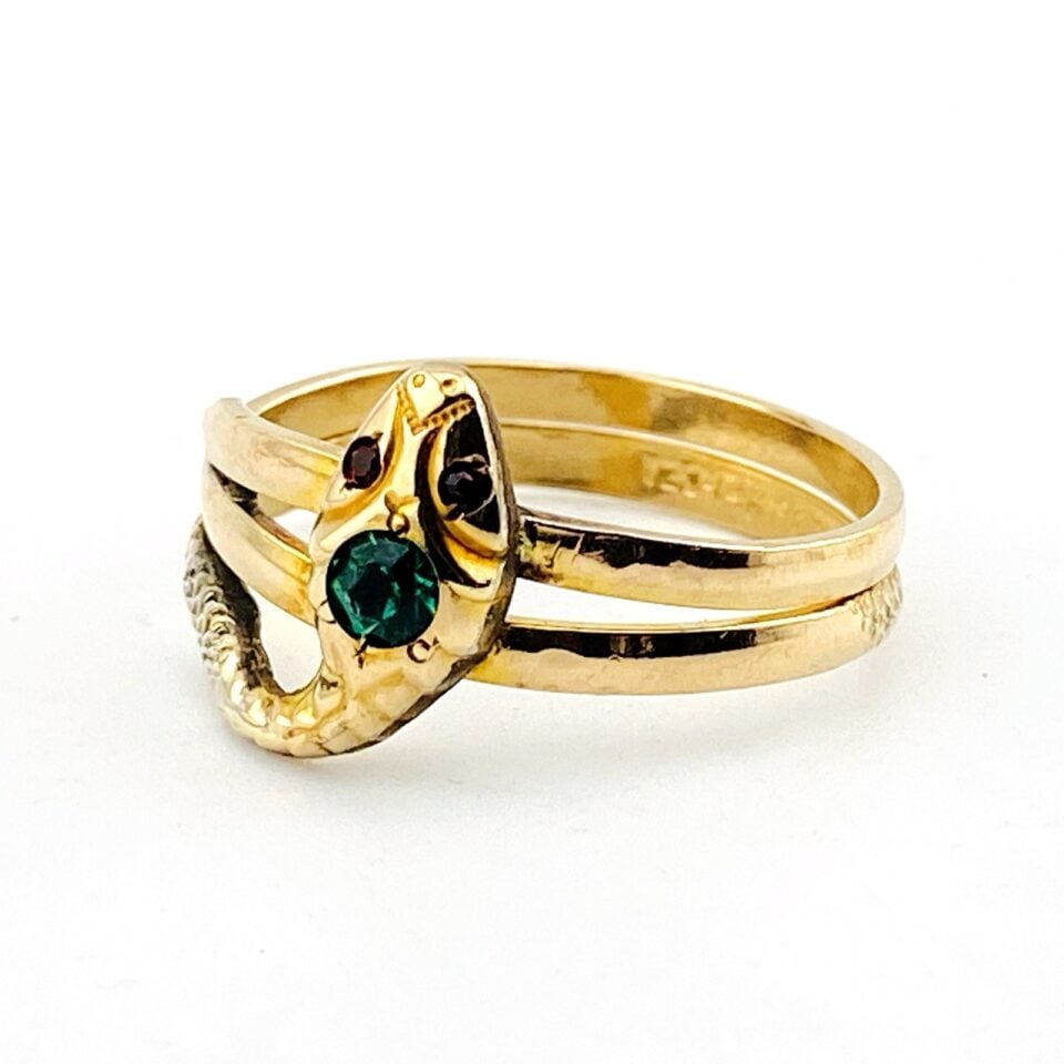 Vintage Uncas Snake Ring – Yellow & White Gold Filled – Green Stone with Red Eyes – Size 9.5