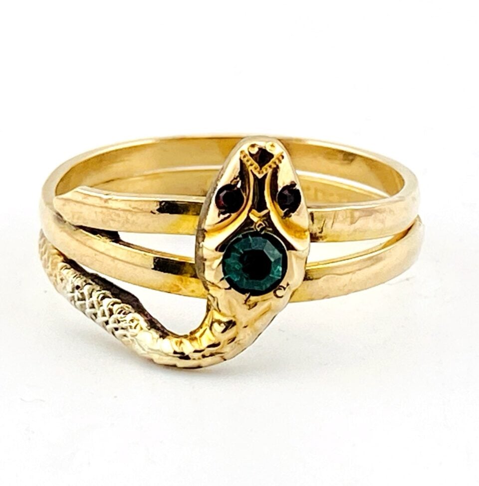 Vintage Uncas Snake Ring – Yellow & White Gold Filled – Green Stone with Red Eyes – Size 9.5