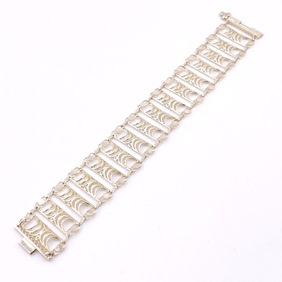 Vintage Wide Filigree Link Silver Bracelet – Artisan Made – 7.25 Inches